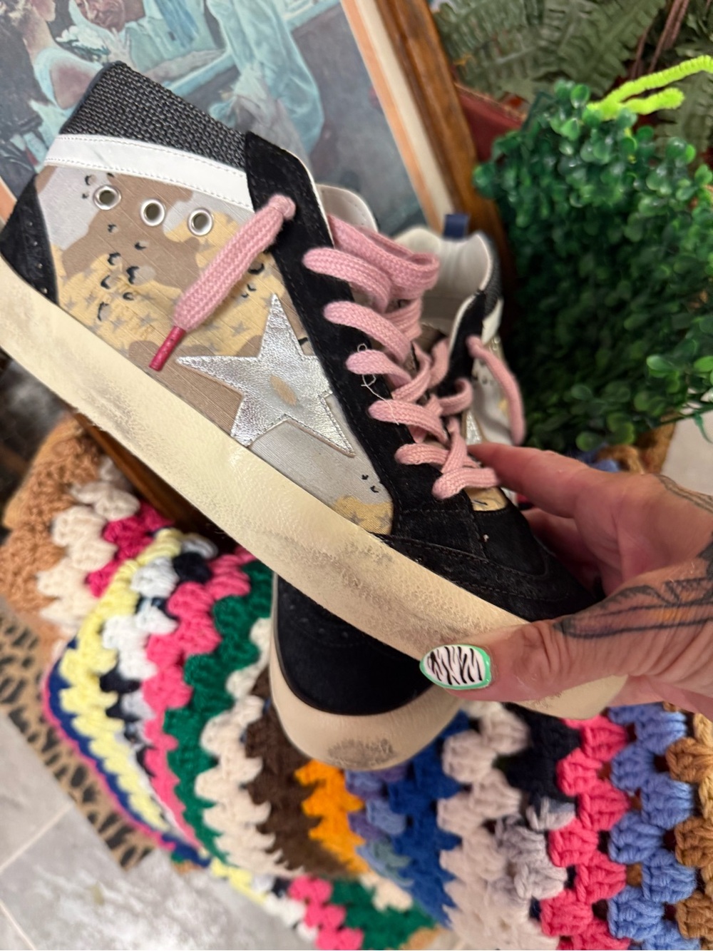 Golden Goose Black Sneakers with Pink Laces and Silver Star